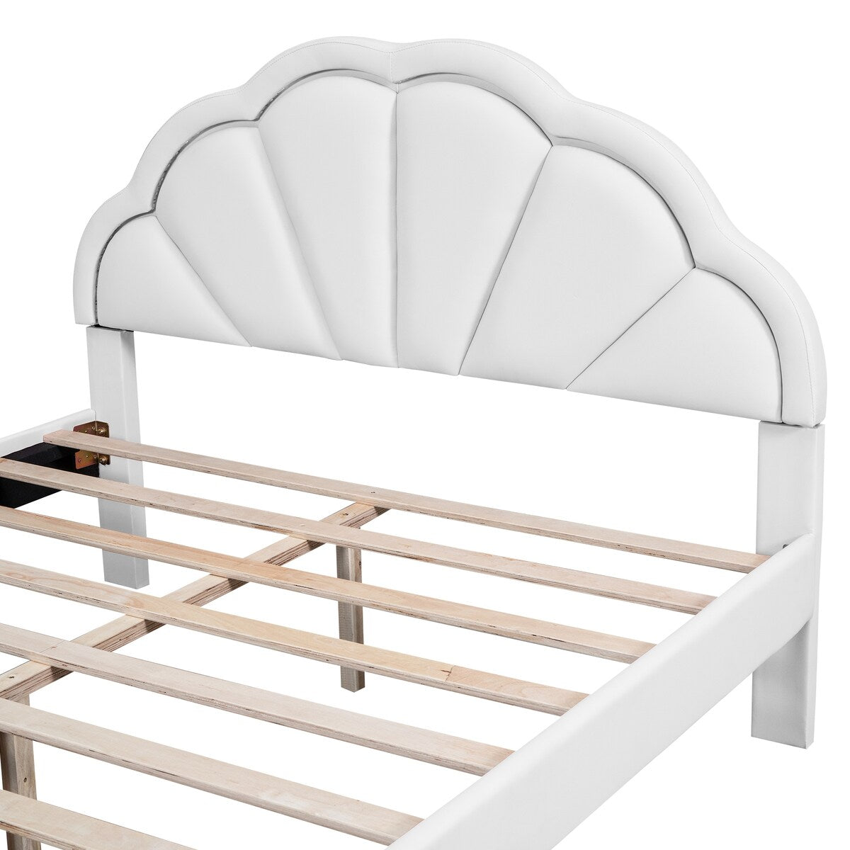 Nestfair Queen Size Upholstered Platform Bed with Seashell Shaped Headboard, LED and 2 Drawers