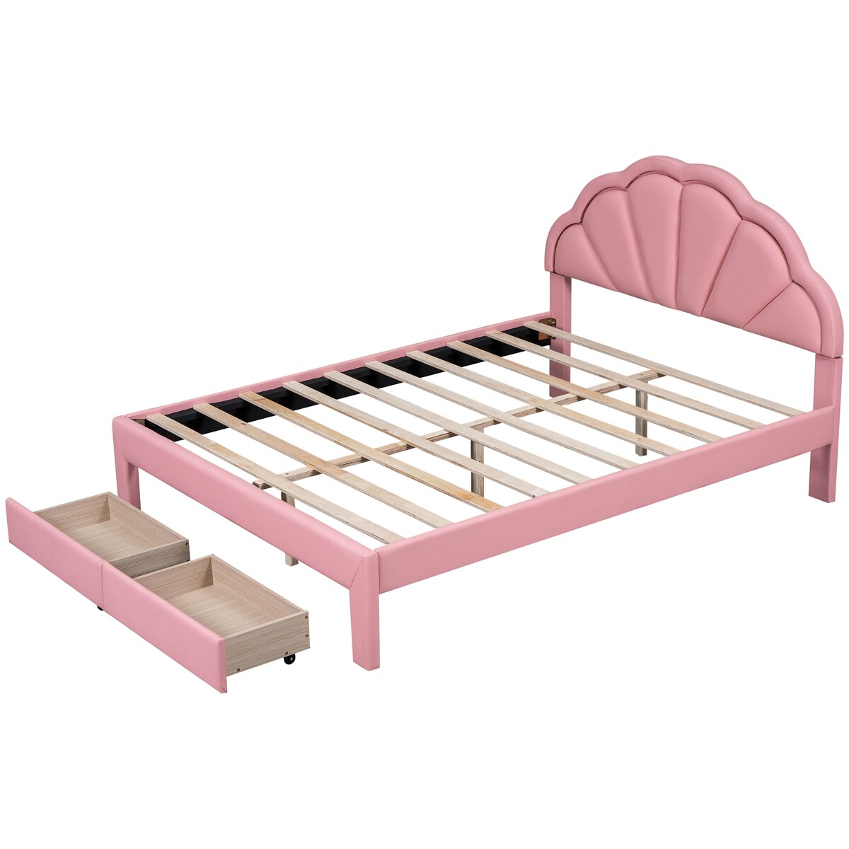 Nestfair Queen Size Upholstered Platform Bed with Seashell Shaped Headboard, LED and 2 Drawers