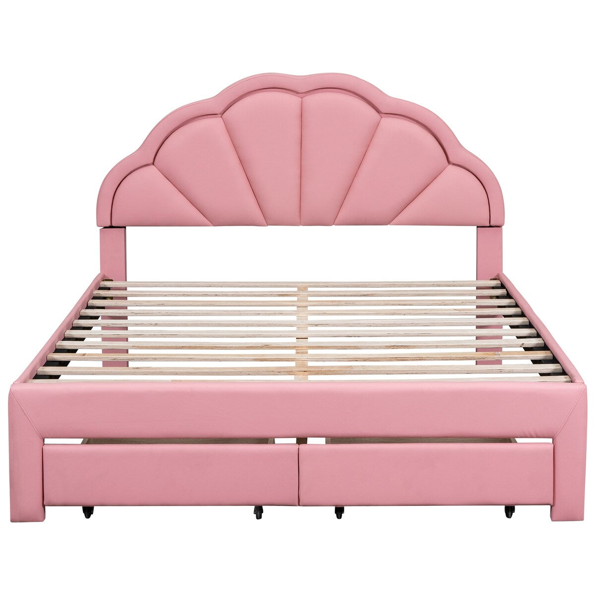 Nestfair Queen Size Upholstered Platform Bed with Seashell Shaped Headboard, LED and 2 Drawers