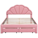 Nestfair Queen Size Upholstered Platform Bed with Seashell Shaped Headboard, LED and 2 Drawers