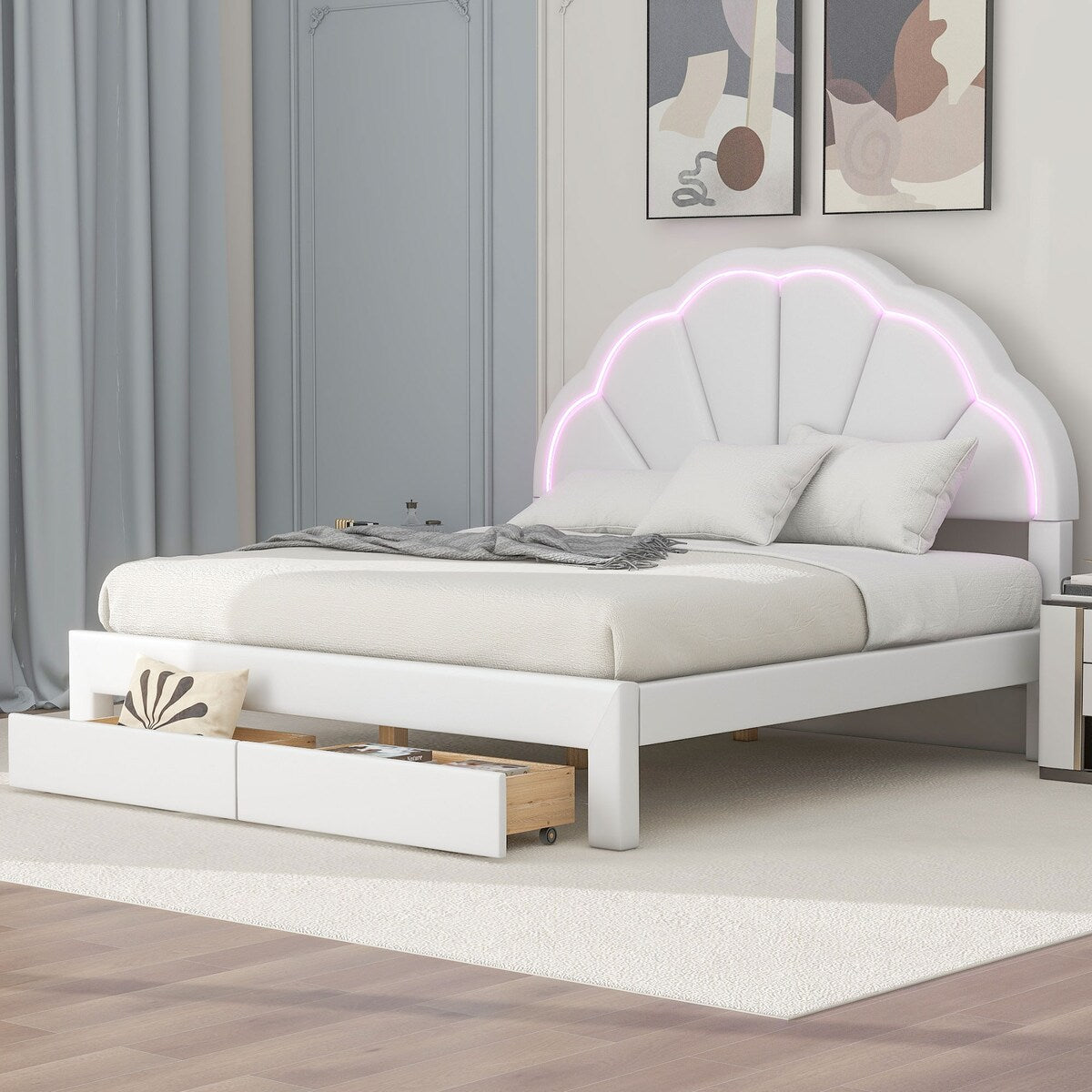 Nestfair Queen Size Upholstered Platform Bed with Seashell Shaped Headboard, LED and 2 Drawers