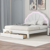 Nestfair Queen Size Upholstered Platform Bed with Seashell Shaped Headboard, LED and 2 Drawers