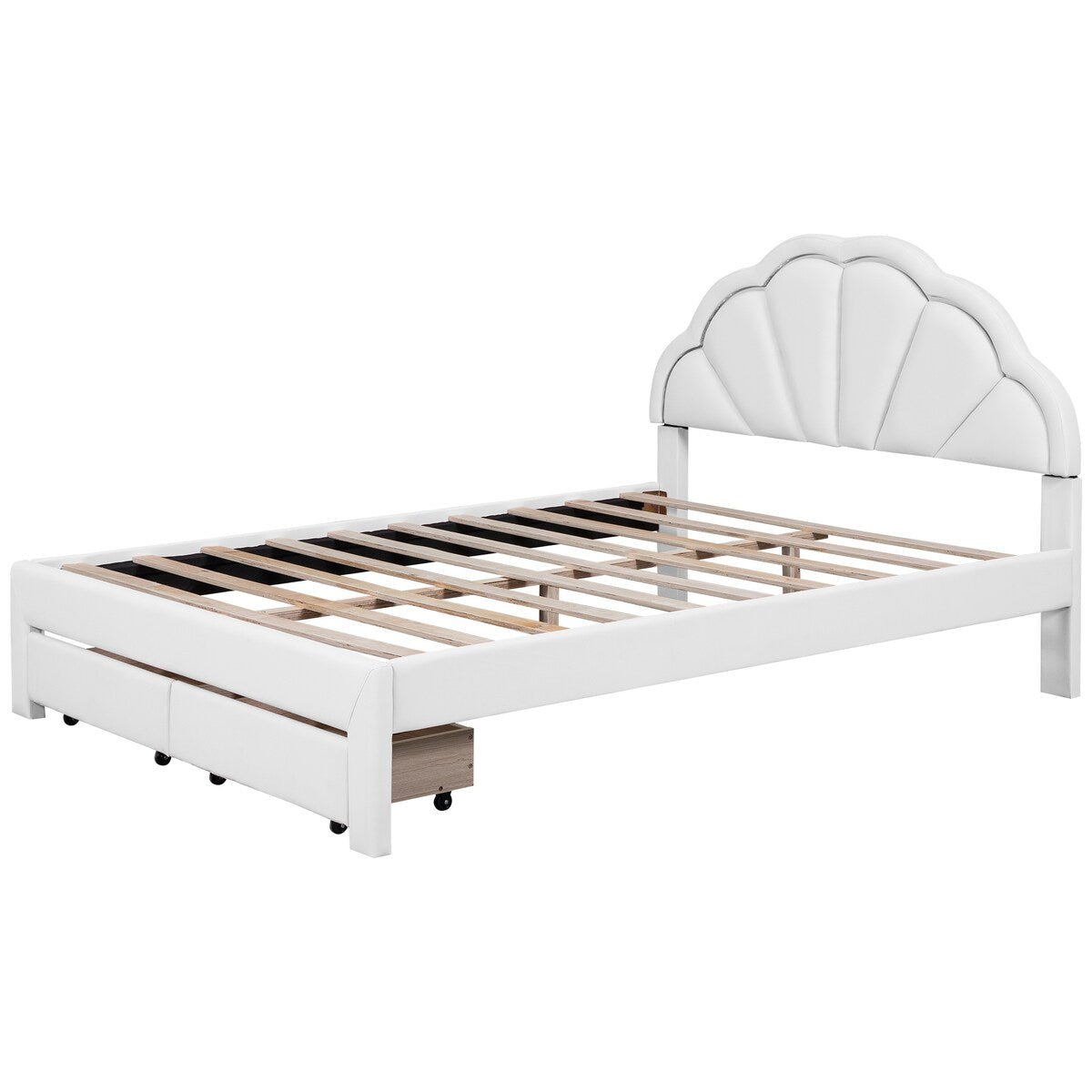 Nestfair Queen Size Upholstered Platform Bed with Seashell Shaped Headboard, LED and 2 Drawers