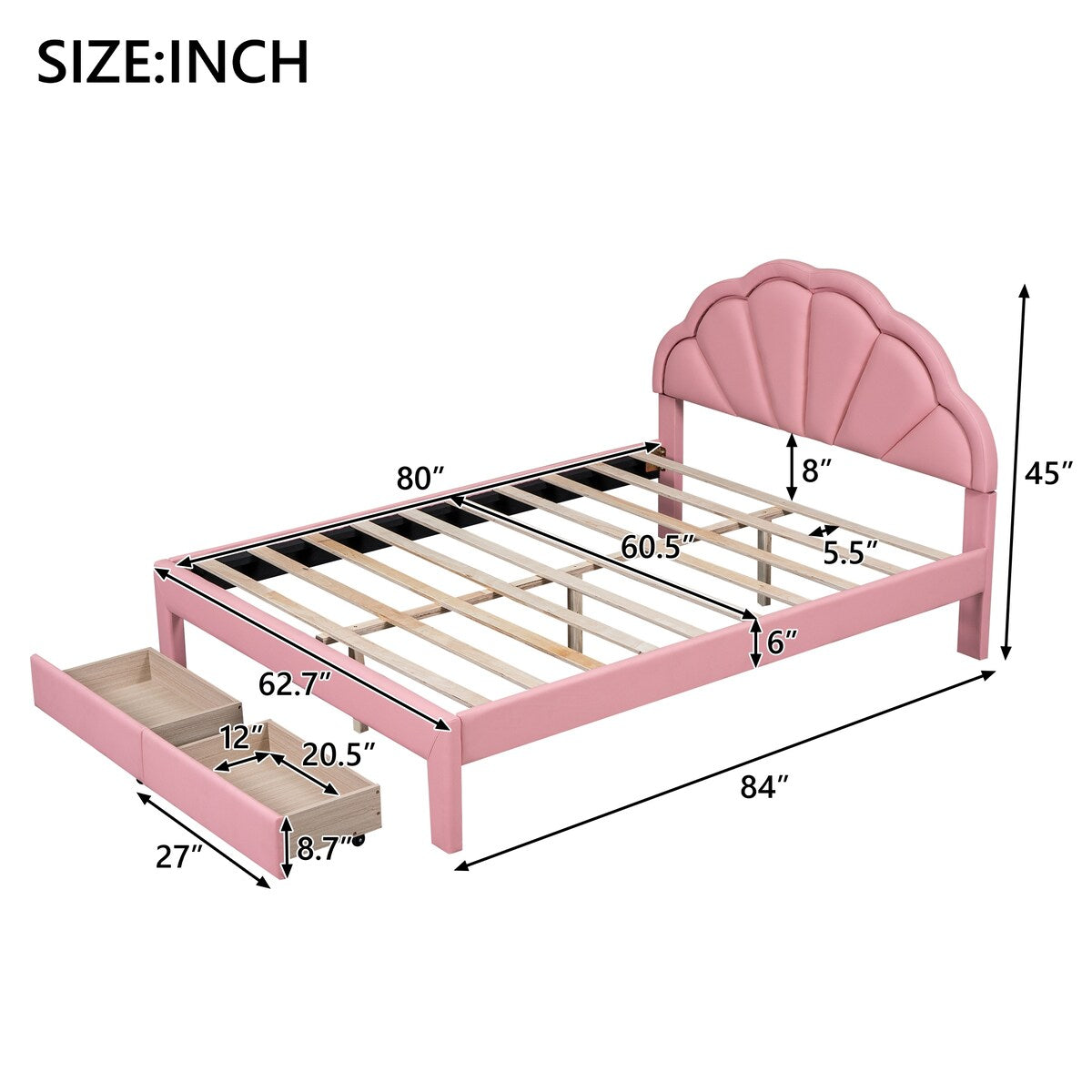 Nestfair Queen Size Upholstered Platform Bed with Seashell Shaped Headboard, LED and 2 Drawers