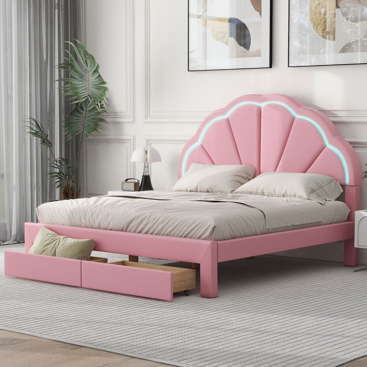 Nestfair Queen Size Upholstered Platform Bed with Seashell Shaped Headboard, LED and 2 Drawers