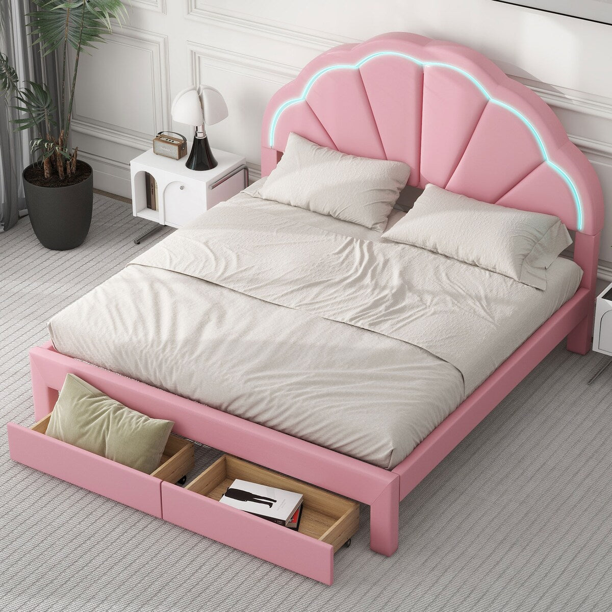 Nestfair Queen Size Upholstered Platform Bed with Seashell Shaped Headboard, LED and 2 Drawers