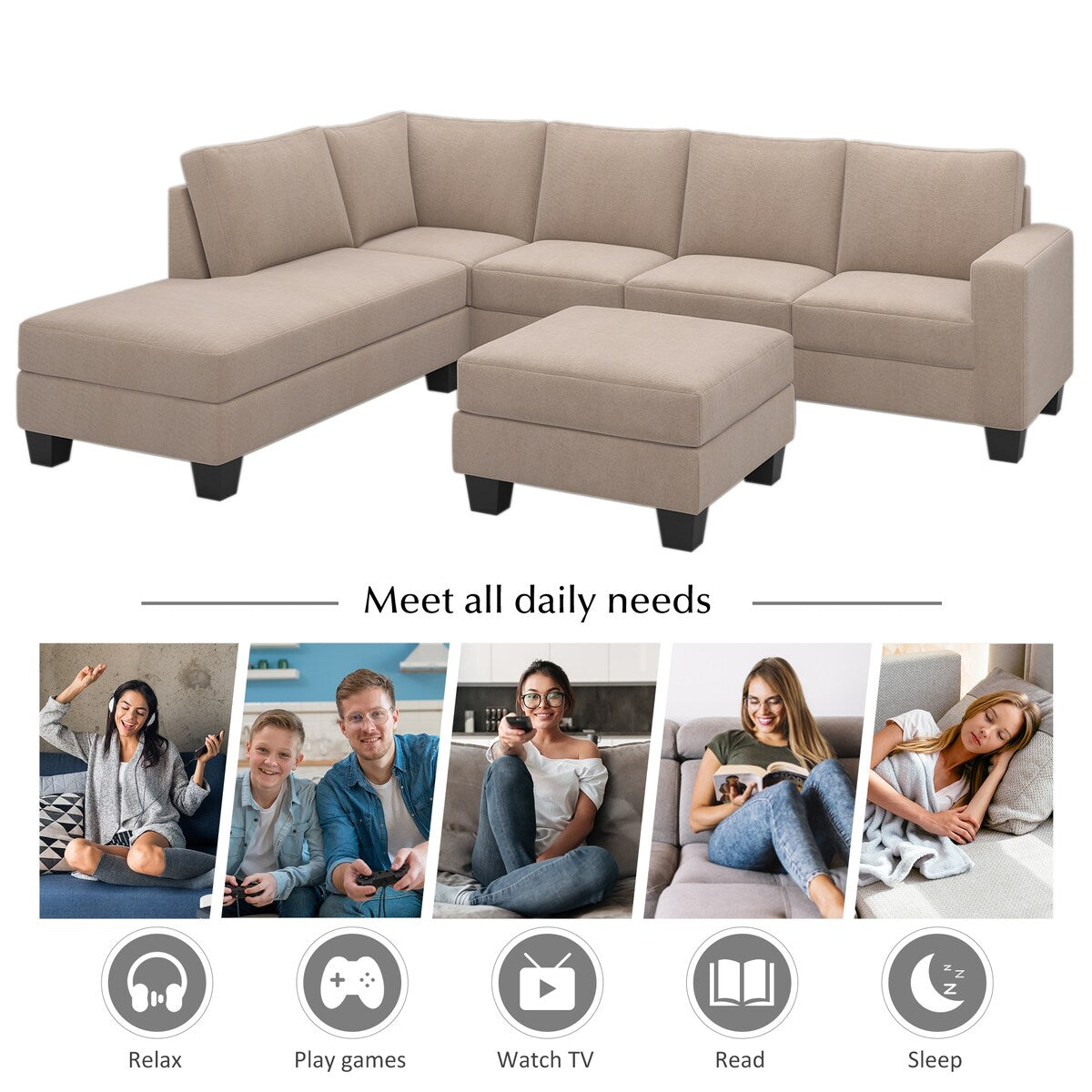Nestfair Textured Fabric Sectional Sofa Set L-shaped Sofa With Removable Ottoman