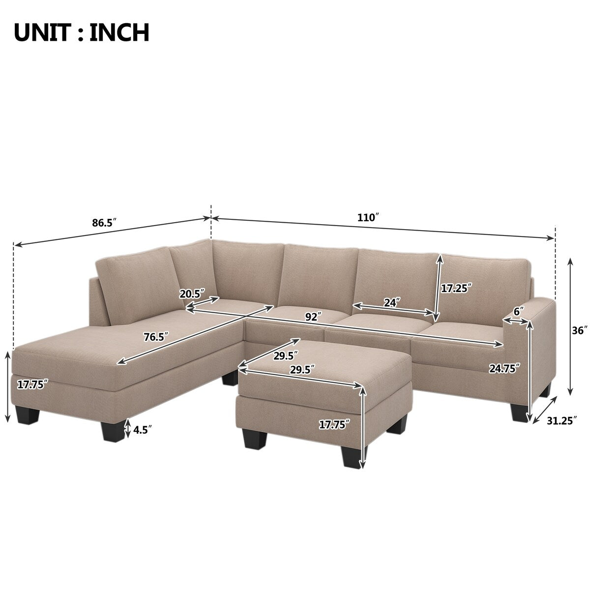 Nestfair Textured Fabric Sectional Sofa Set L-shaped Sofa With Removable Ottoman