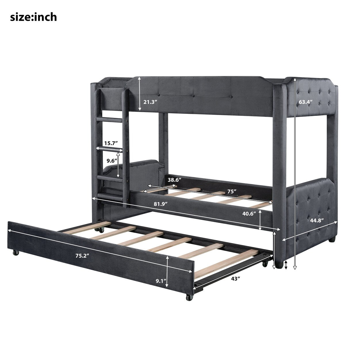 Nestfair Twin over Twin Upholstered Bunk Bed with Trundle