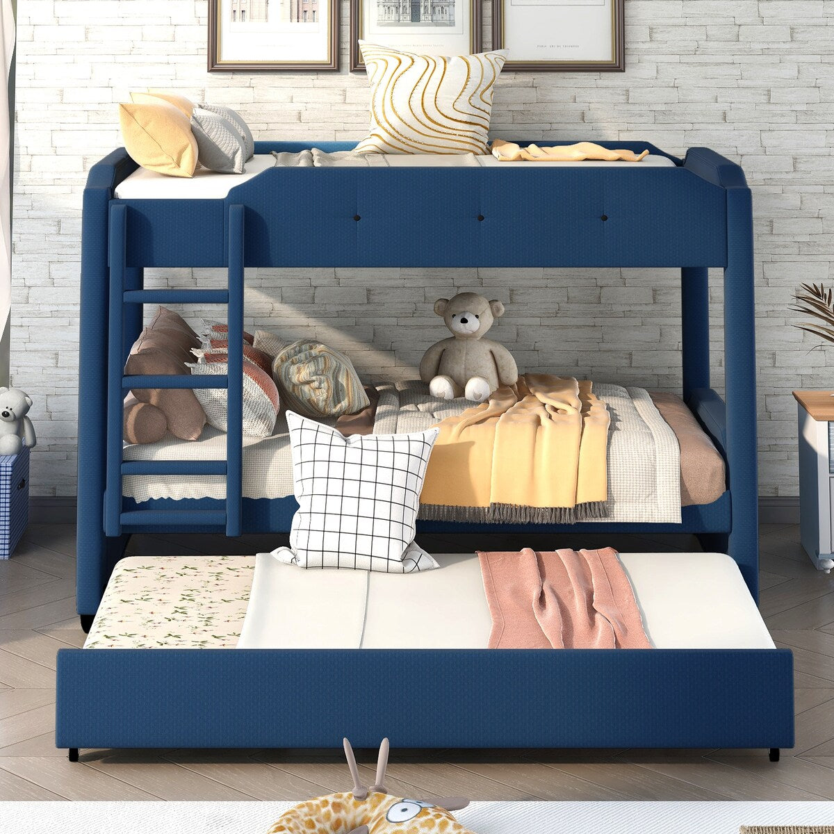 Nestfair Twin over Twin Upholstered Bunk Bed with Trundle