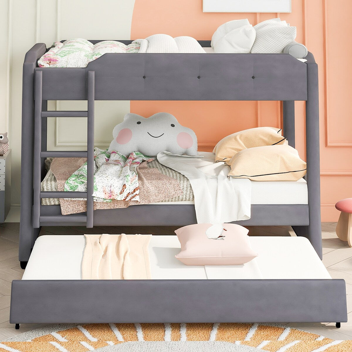 Nestfair Twin over Twin Upholstered Bunk Bed with Trundle
