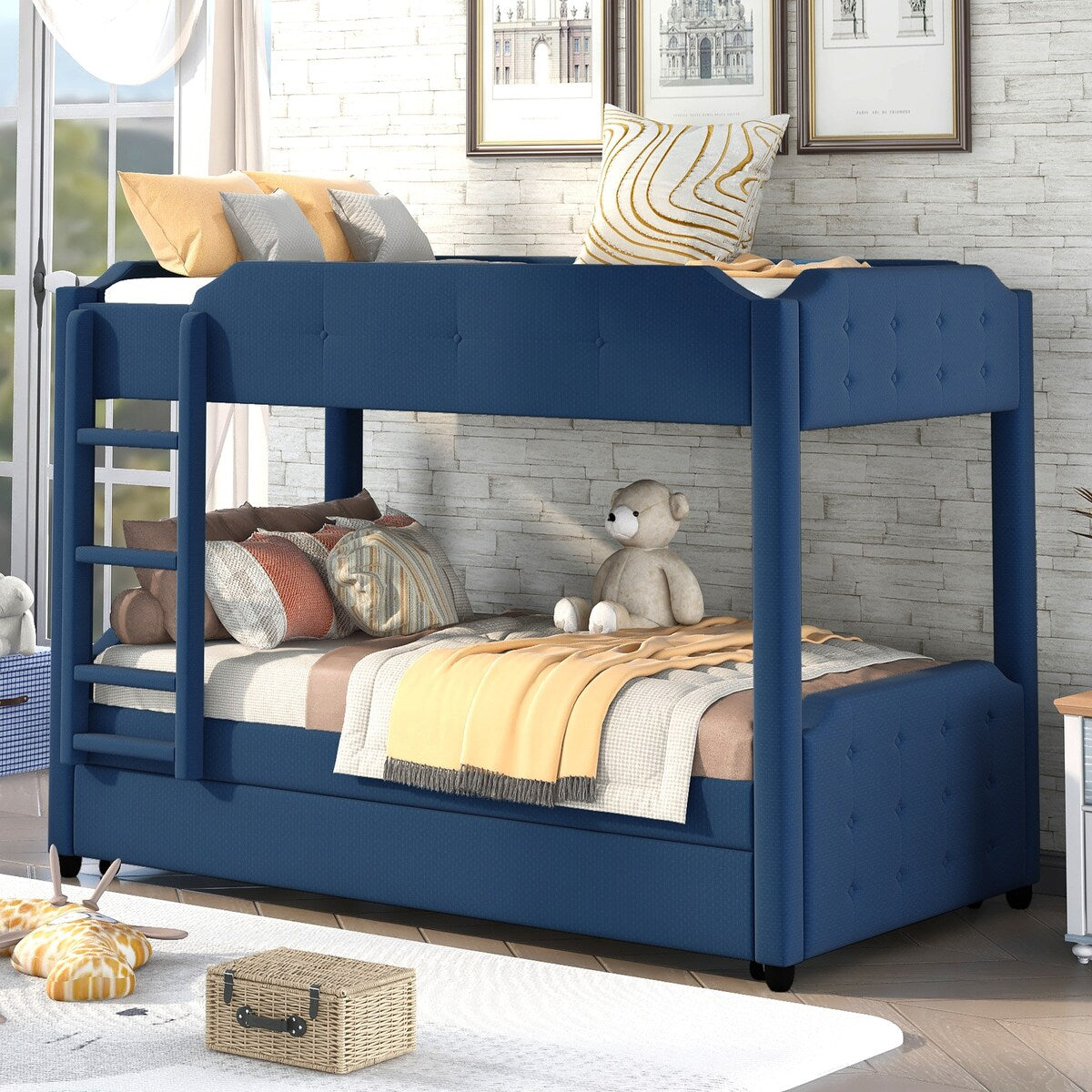 Nestfair Twin over Twin Upholstered Bunk Bed with Trundle