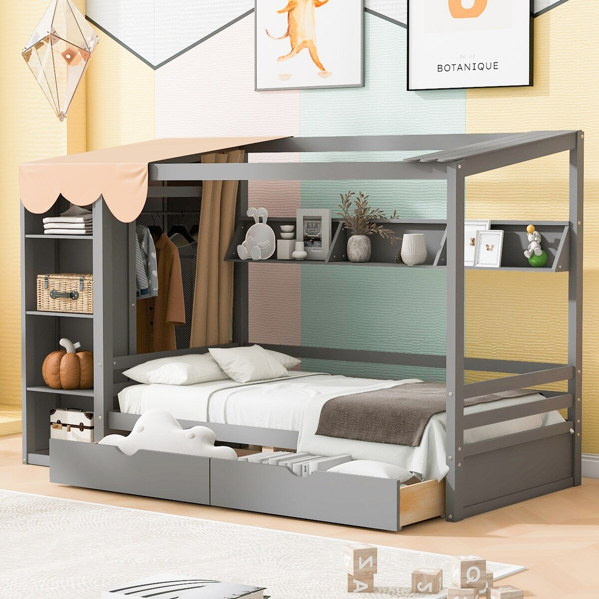 Nestfair Twin size House Bed with Two Drawers and Wardrobe