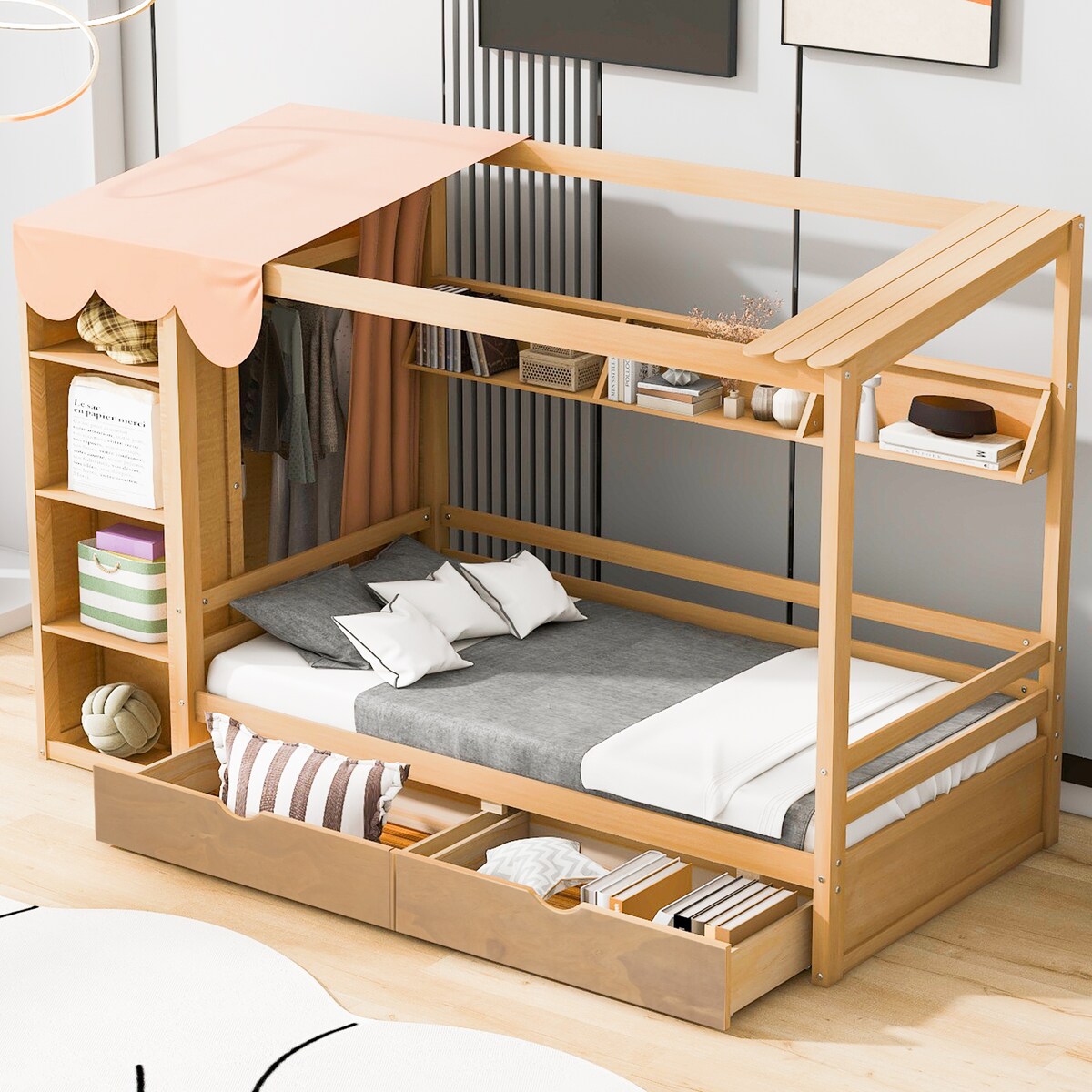 Nestfair Twin size House Bed with Two Drawers and Wardrobe