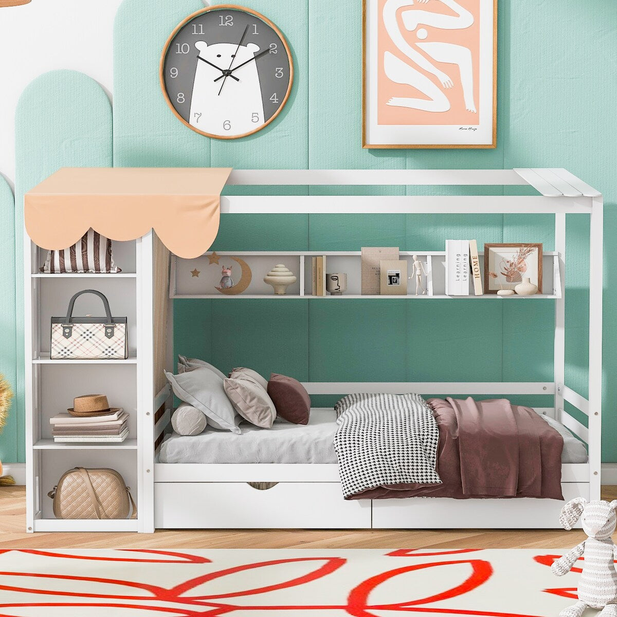 Nestfair Twin size House Bed with Two Drawers and Wardrobe