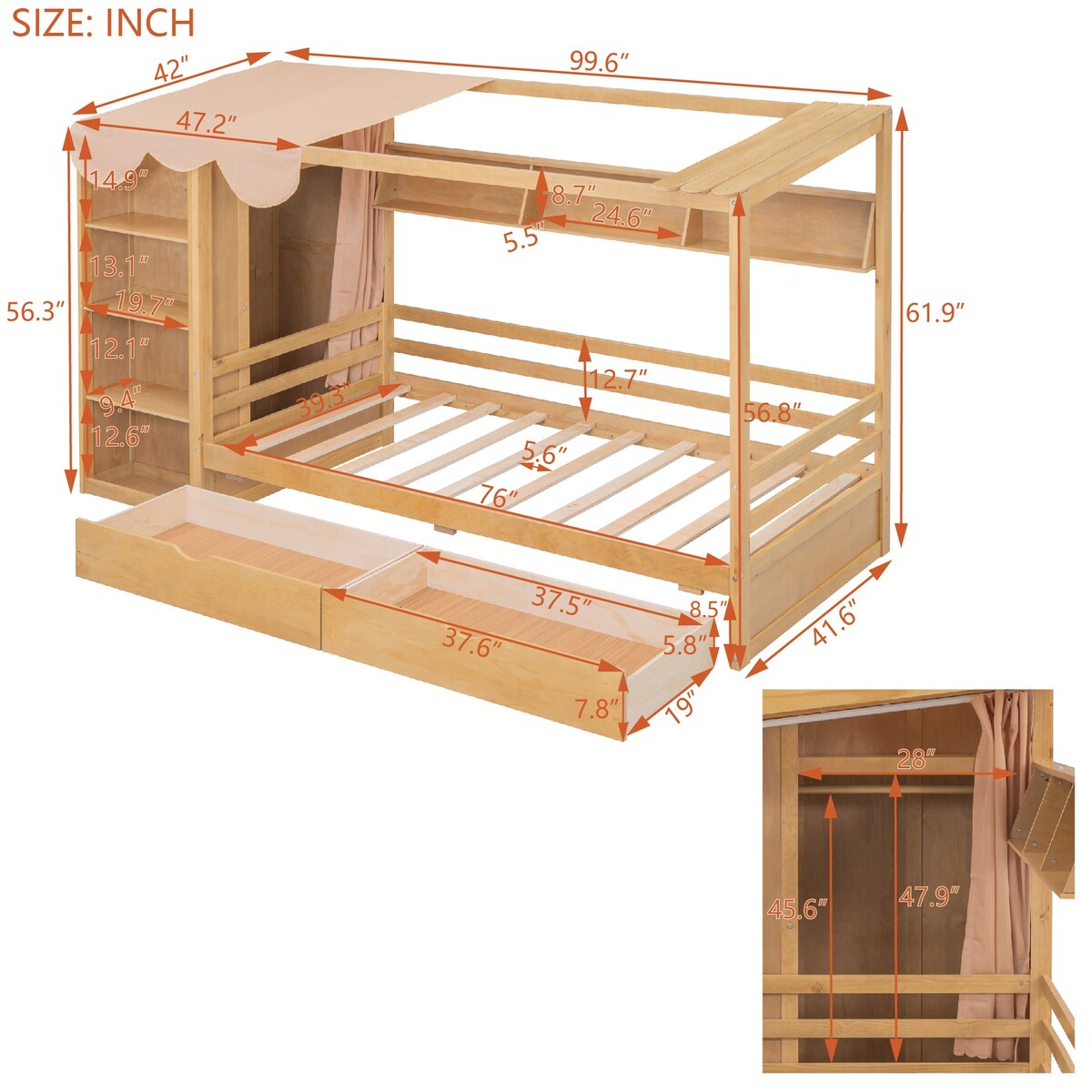 Nestfair Twin size House Bed with Two Drawers and Wardrobe