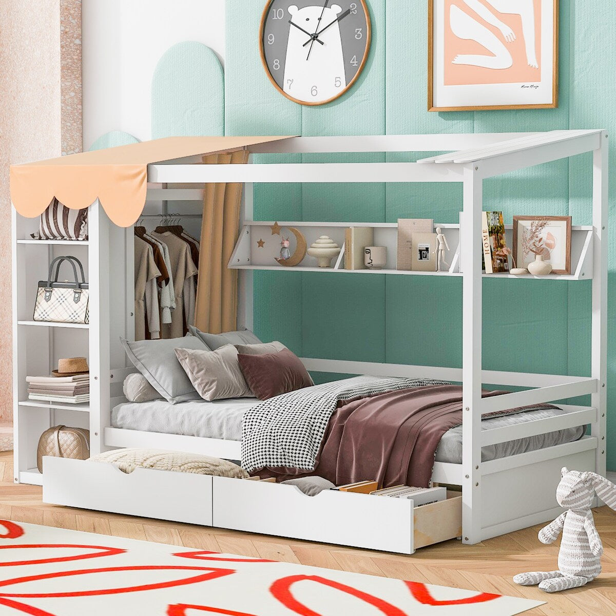 Nestfair Twin size House Bed with Two Drawers and Wardrobe