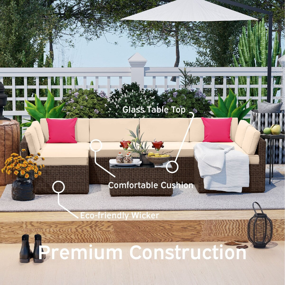Nestl 7 Piece Wicker Patio Furniture Set - Outside Patio Conversation Sets with Patio Sectional