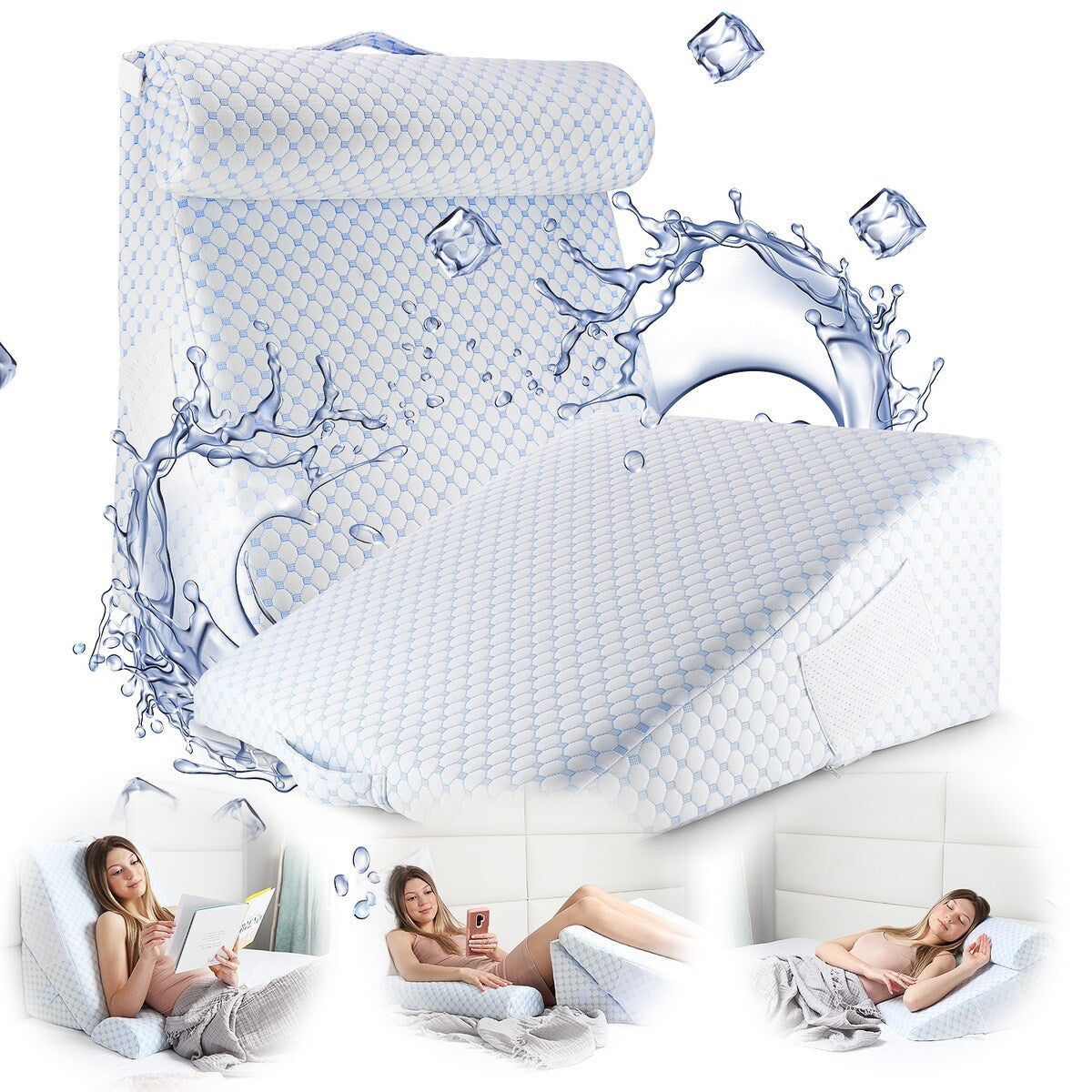 Nestl Cooling Bed Wedge Pillow with Bolster Pillow - 25" x 25" x 12" - 8-in-1 Triangle Pillow Wedge for Sleeping Acid Reflux