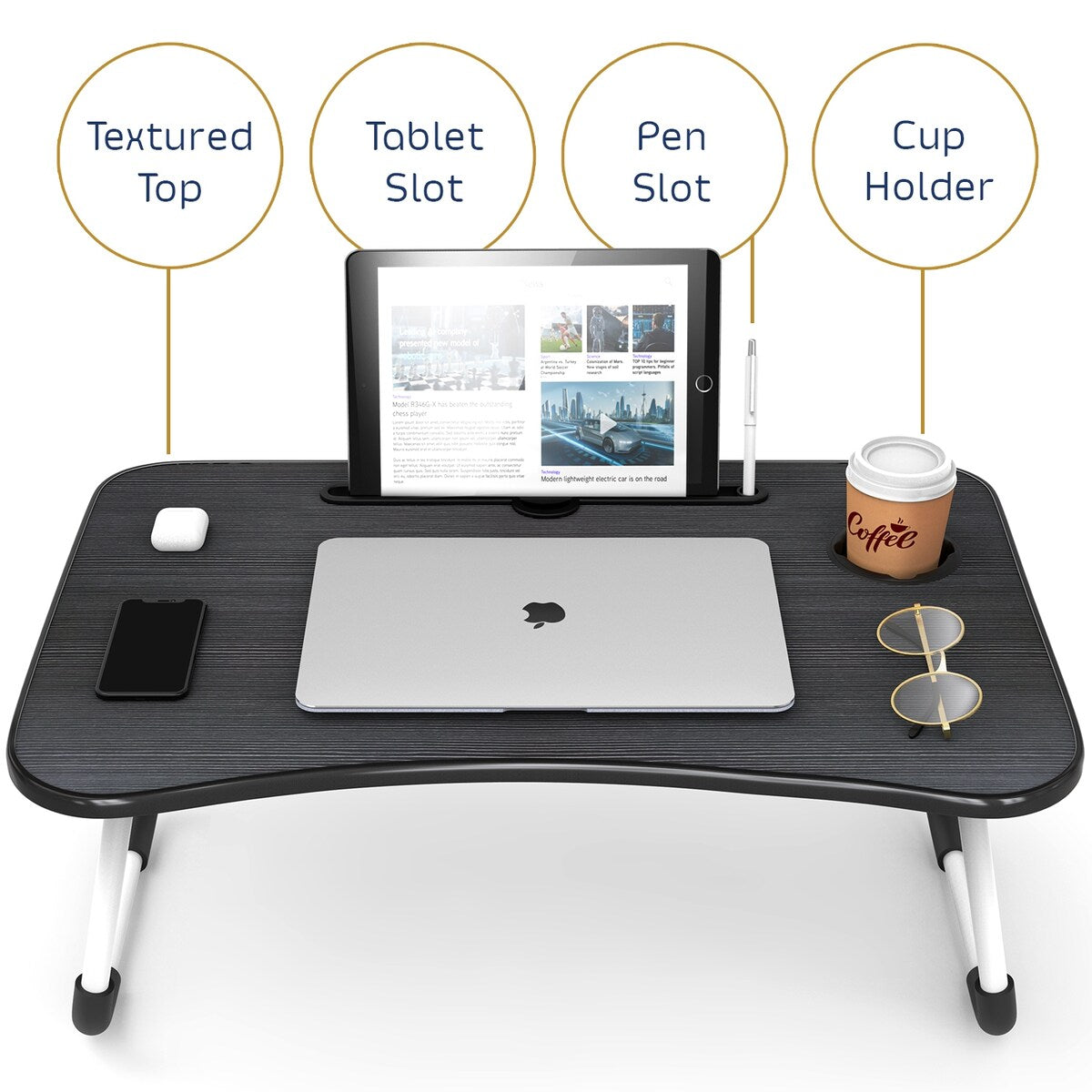 Nestl Cut Plush Reading Pillow with Portable Lap Desk Stand for Laptop - Shredded Memory Foam Back Support Bed Rest Pillow