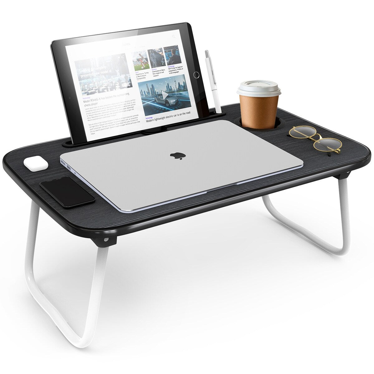 Nestl Cut Plush Reading Pillow with Portable Lap Desk Stand for Laptop - Shredded Memory Foam Back Support Bed Rest Pillow