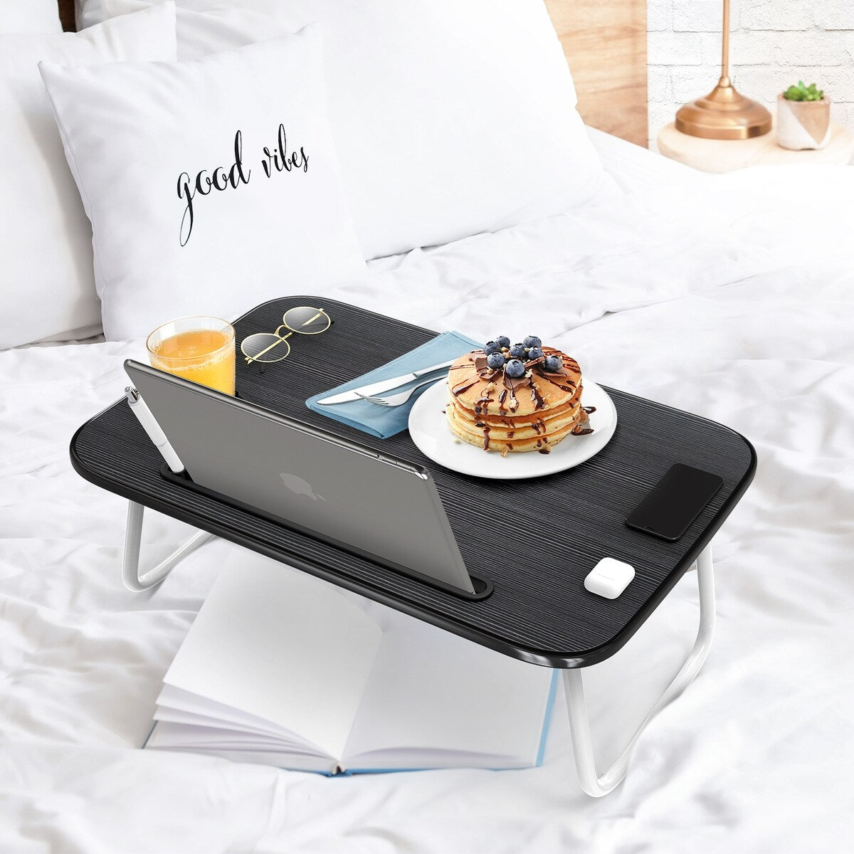 Nestl Cut Plush Reading Pillow with Portable Lap Desk Stand for Laptop - Shredded Memory Foam Back Support Bed Rest Pillow