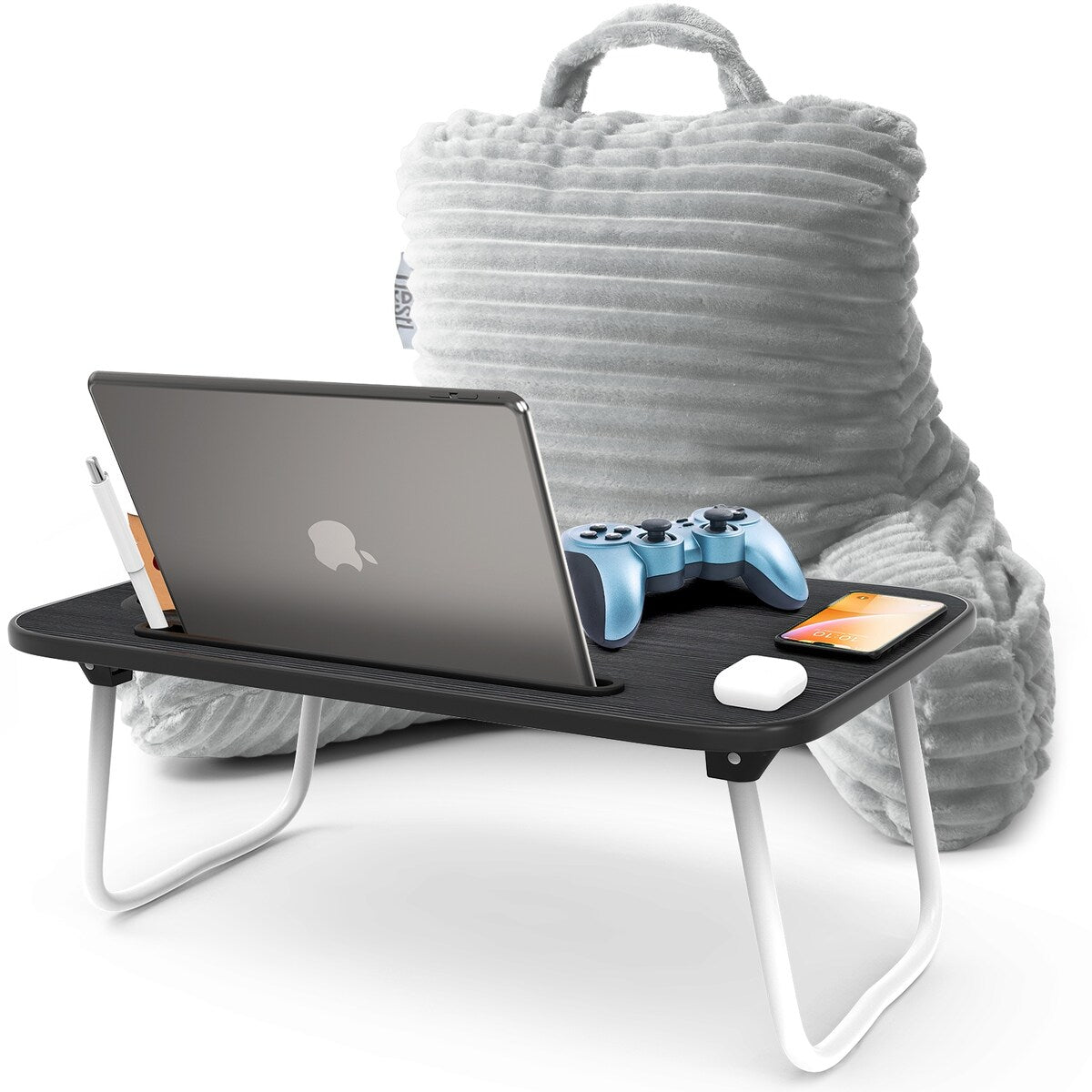 Nestl Cut Plush Reading Pillow with Portable Lap Desk Stand for Laptop - Shredded Memory Foam Back Support Bed Rest Pillow