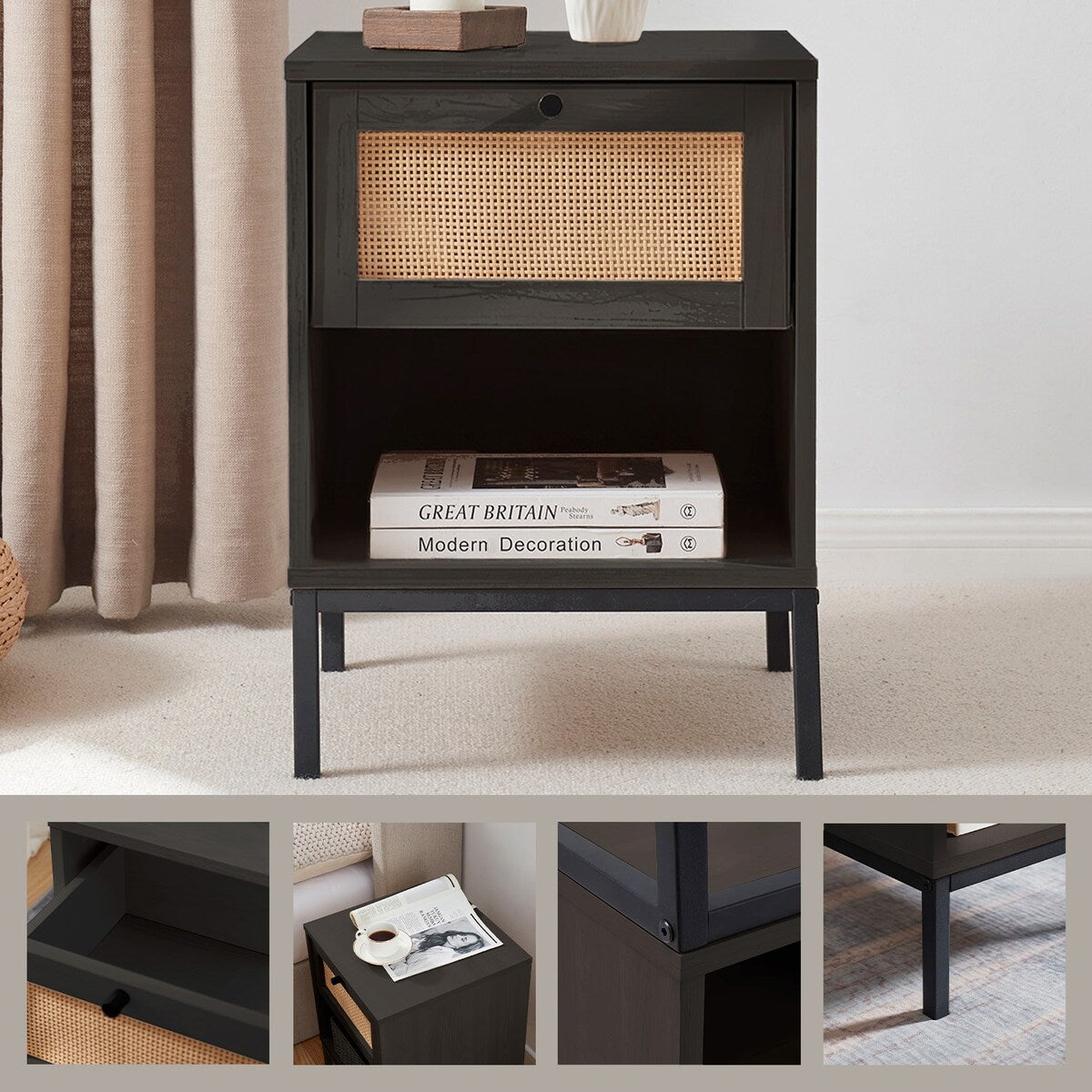Nestl Wooden Rattan Night Stand - 2 PacK