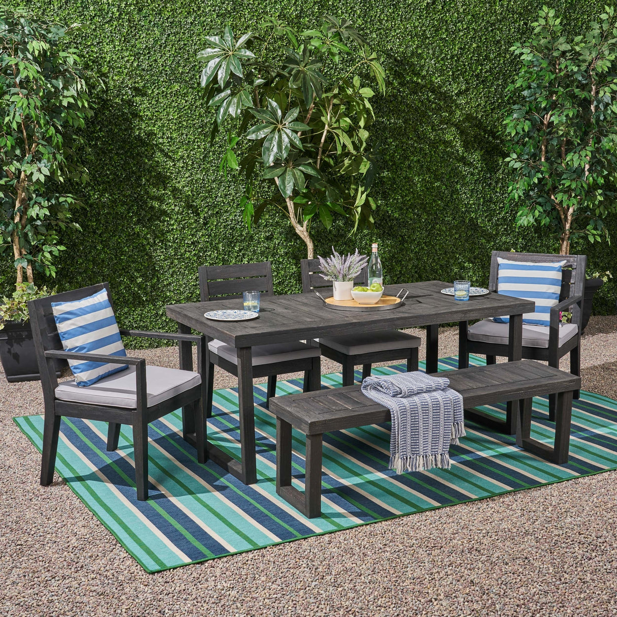 Nestor Outdoor 6-Seater Acacia Wood Dining Set with Bench by Christopher Knight Home
