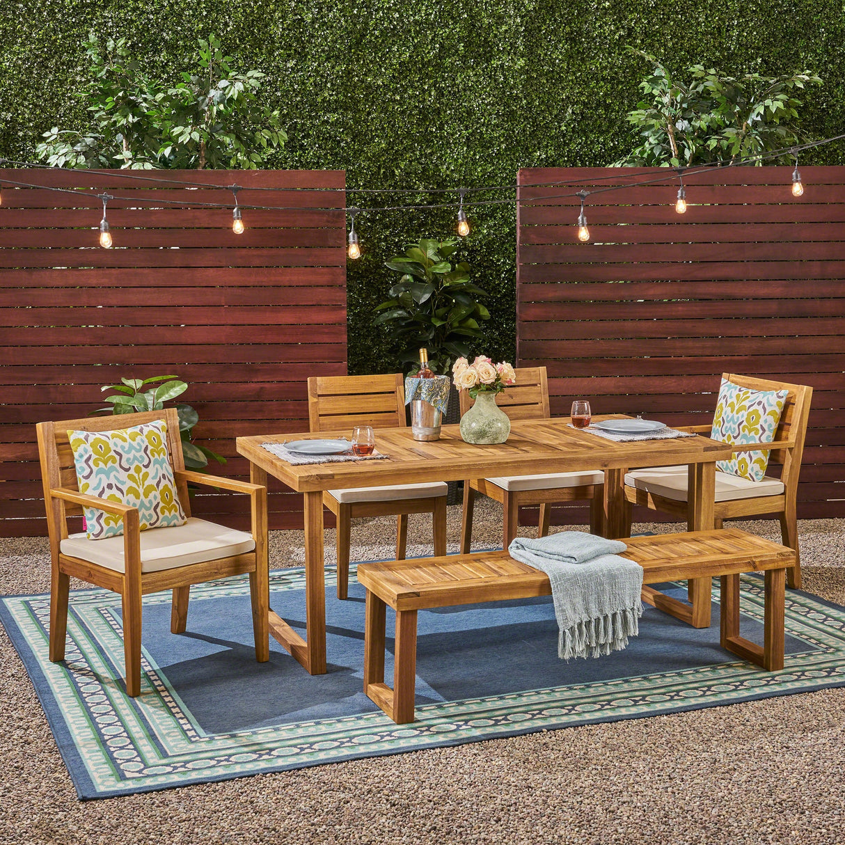 Nestor Outdoor 6-Seater Rectangle Acacia Wood Dining Set with Bench by Christopher Knight Home