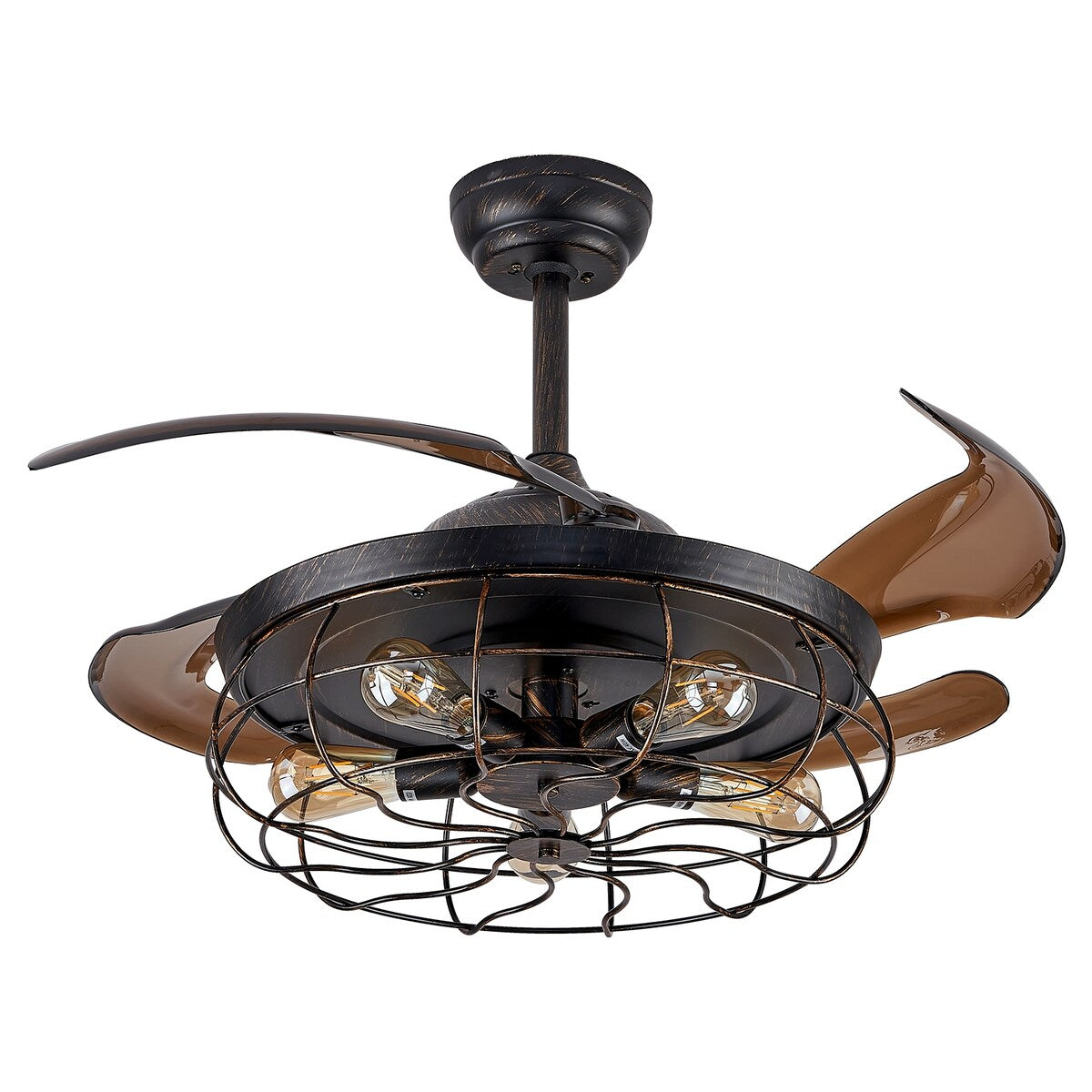 Netin 42" Retro Black Industrial Iron Cage Wood Ceiling Fan Light, 6 Speed Reversible and Remote, Retractable Fan Blades
