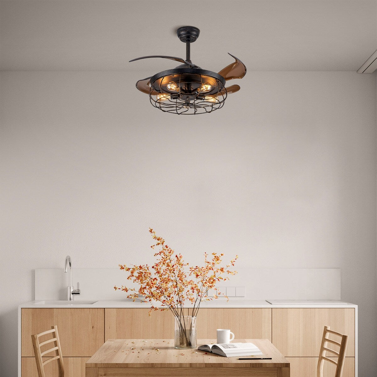 Netin 42" Retro Black Industrial Iron Cage Wood Ceiling Fan Light, 6 Speed Reversible and Remote, Retractable Fan Blades
