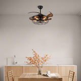 Netin 42" Retro Black Industrial Iron Cage Wood Ceiling Fan Light, 6 Speed Reversible and Remote, Retractable Fan Blades