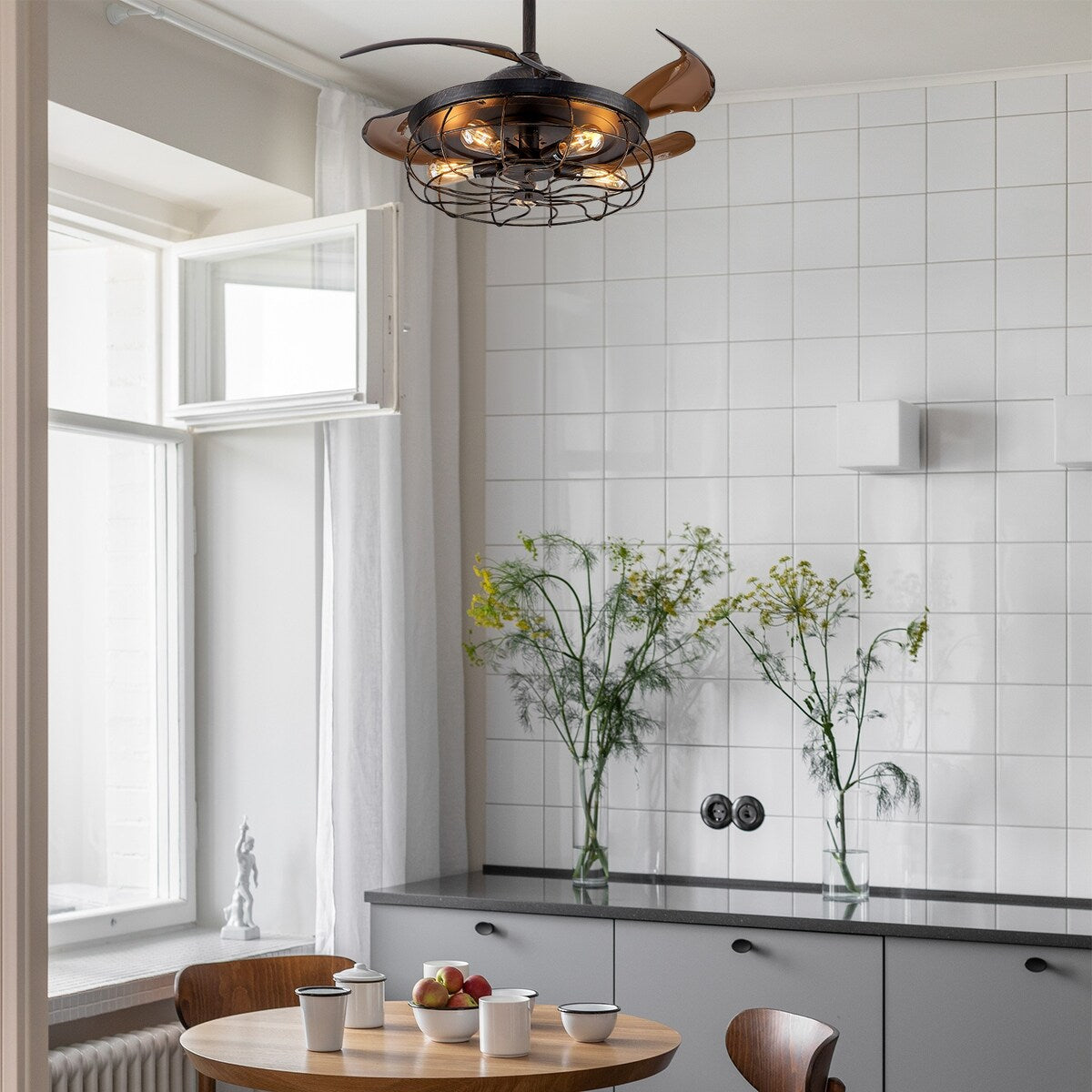 Netin 42" Retro Black Industrial Iron Cage Wood Ceiling Fan Light, 6 Speed Reversible and Remote, Retractable Fan Blades