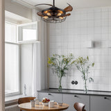 Netin 42" Retro Black Industrial Iron Cage Wood Ceiling Fan Light, 6 Speed Reversible and Remote, Retractable Fan Blades