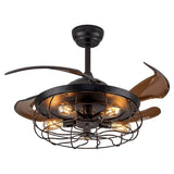 Netin 42" Retro Black Industrial Iron Cage Wood Ceiling Fan Light, 6 Speed Reversible and Remote, Retractable Fan Blades