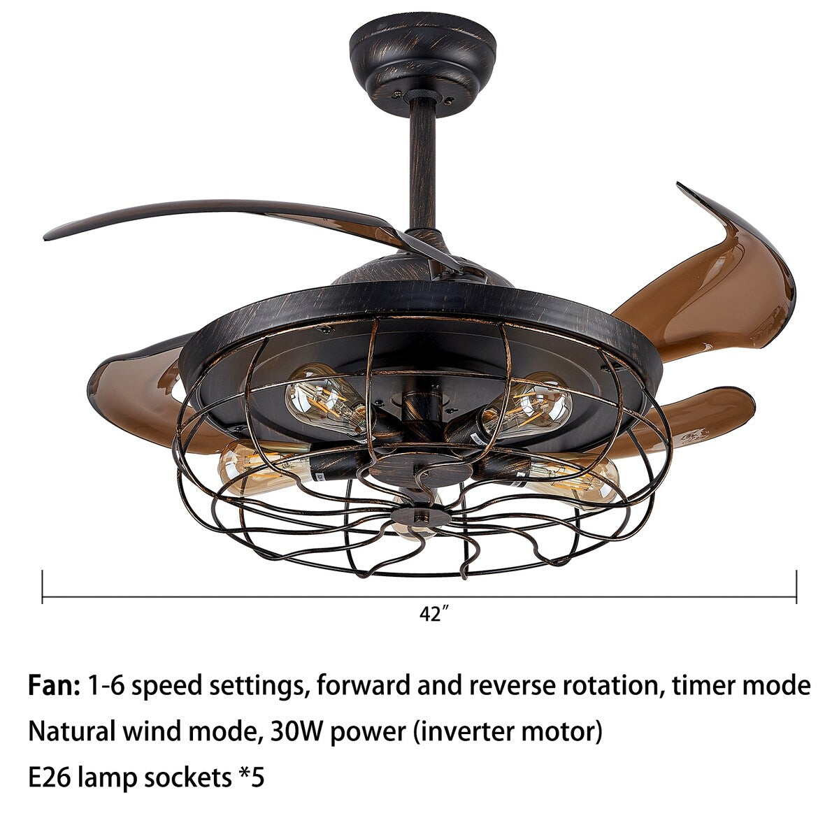 Netin 42" Retro Black Industrial Iron Cage Wood Ceiling Fan Light, 6 Speed Reversible and Remote, Retractable Fan Blades
