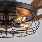 Netin 42" Retro Black Industrial Iron Cage Wood Ceiling Fan Light, 6 Speed Reversible and Remote, Retractable Fan Blades