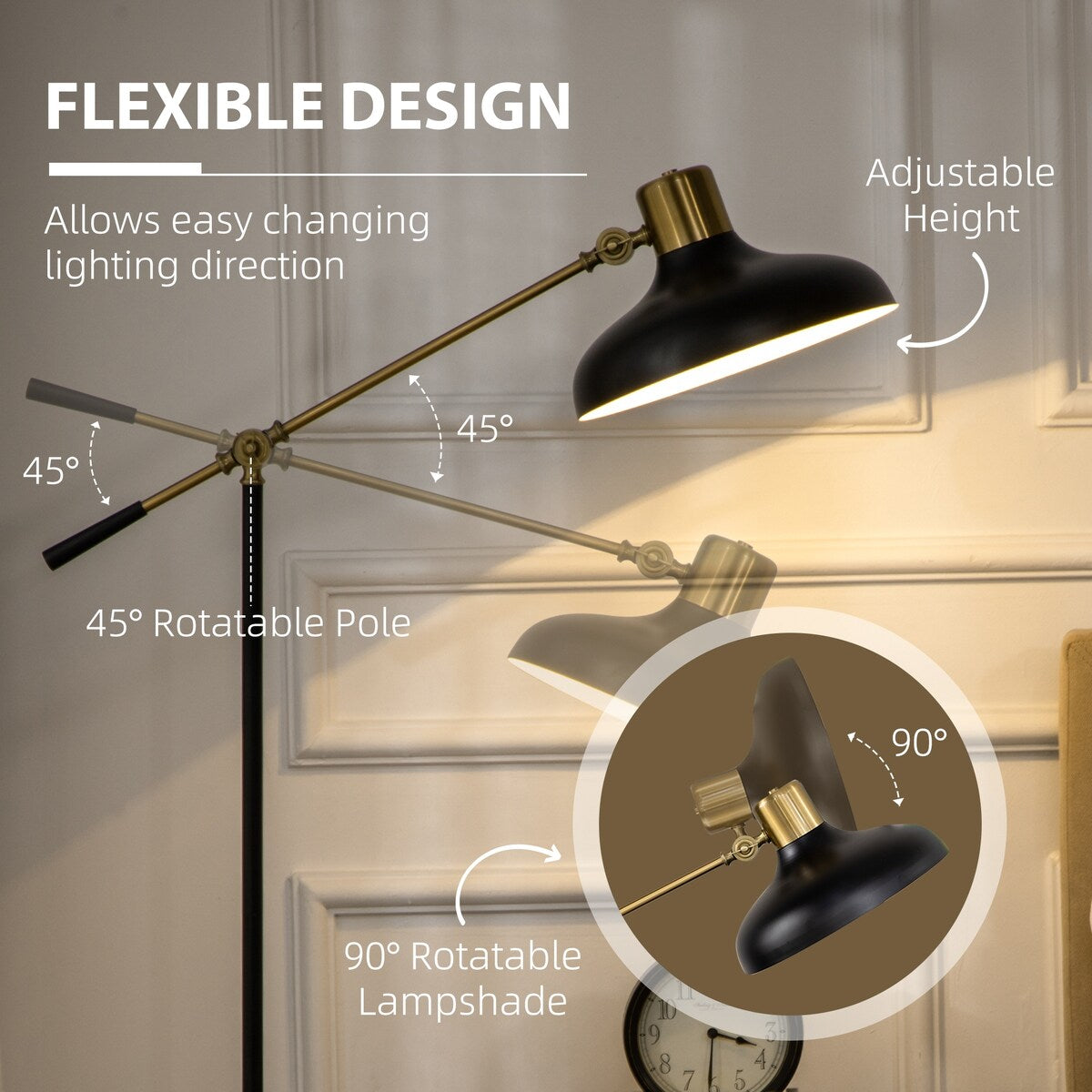 Netin 65" Black and Gold Adjustable Modern Floor Lamps for Living Room