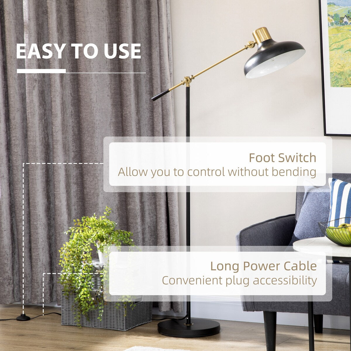 Netin 65" Black and Gold Adjustable Modern Floor Lamps for Living Room
