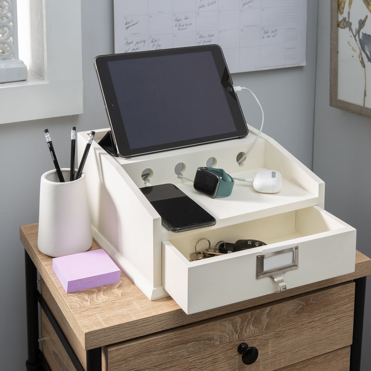 Organize It All Charging Station with Drawer in White - 12.00 x 12.00 x 6.00