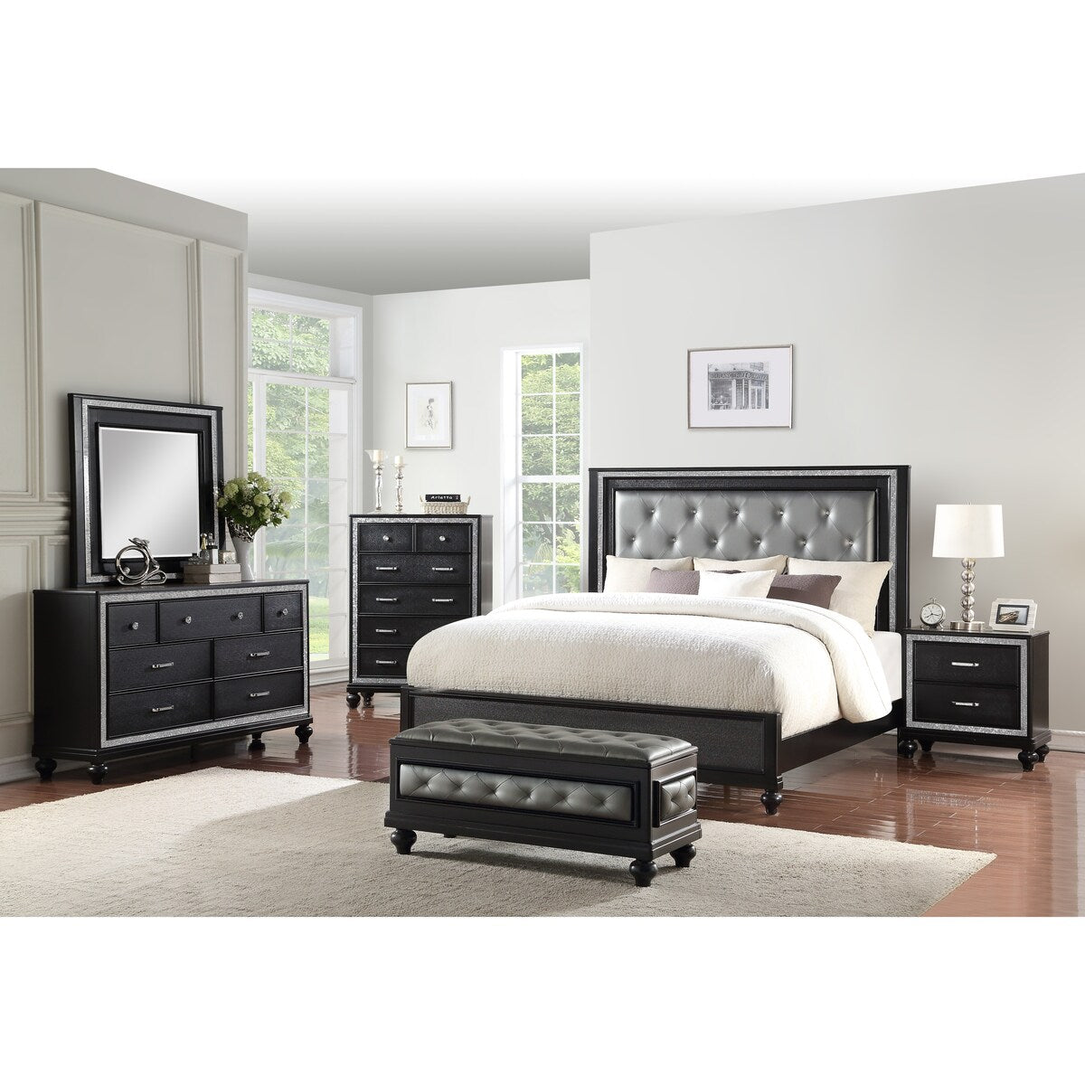 New Classic Kanti, Black Pearl, 4 Piece Bedroom Set with Queen Bed, Dresser, Mirror, Nightstand