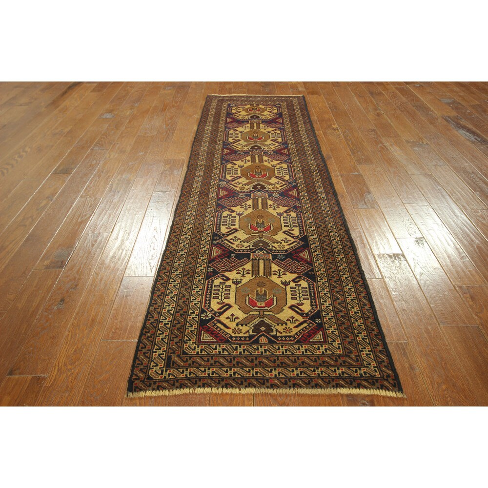 Geometric Balouch Runner Hand-knotted Persian Navy Wool Rug (3' x 9')