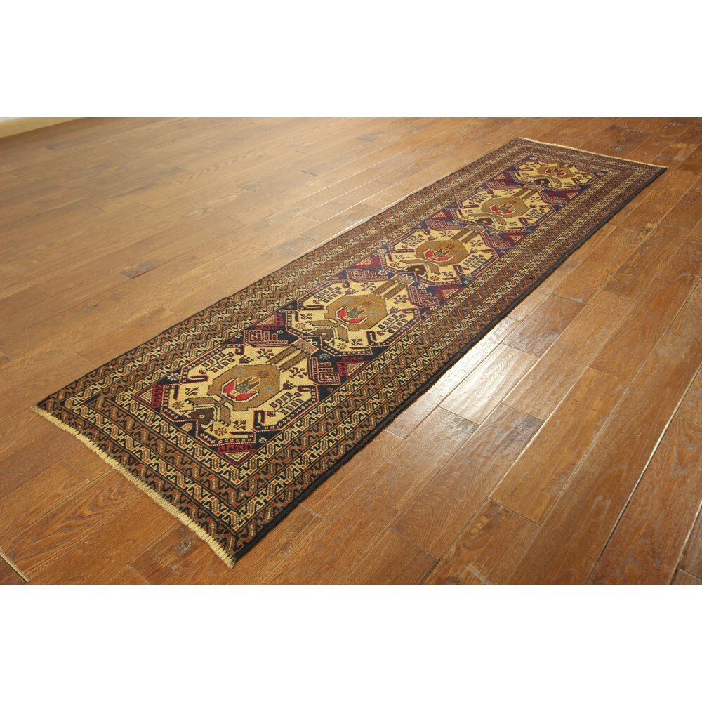 Geometric Balouch Runner Hand-knotted Persian Navy Wool Rug (3' x 9')