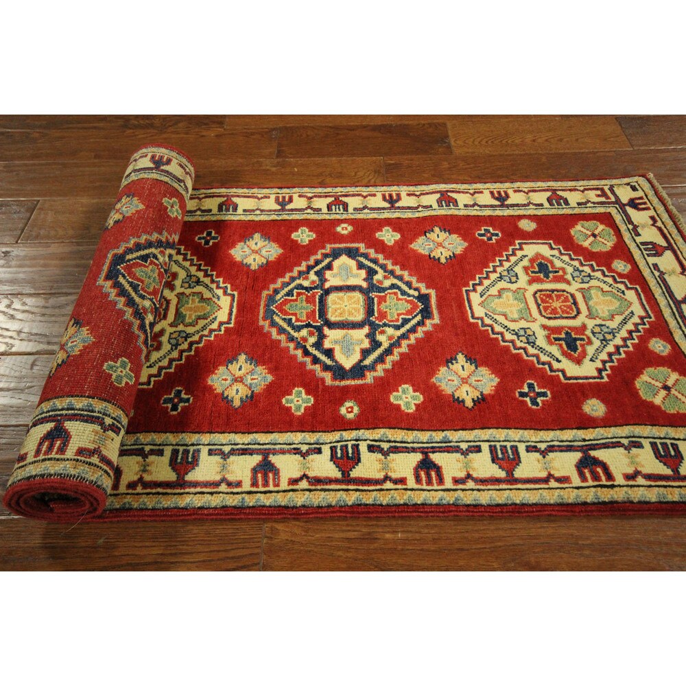 New HQ Wool Super KazakPure Red Veg Dyed Hand-knotted Diamond Cut Rug (2'2 x 6'0)