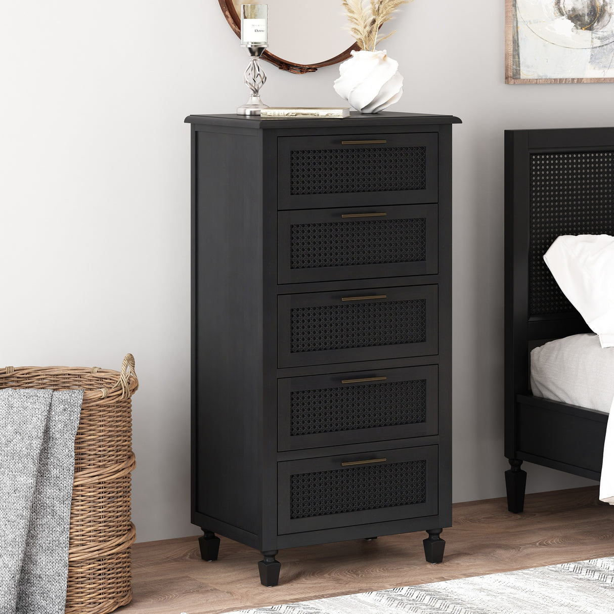 Newell Rustic Acacia Wood and Cane 5 Drawer Dresser by Christopher Knight Home
