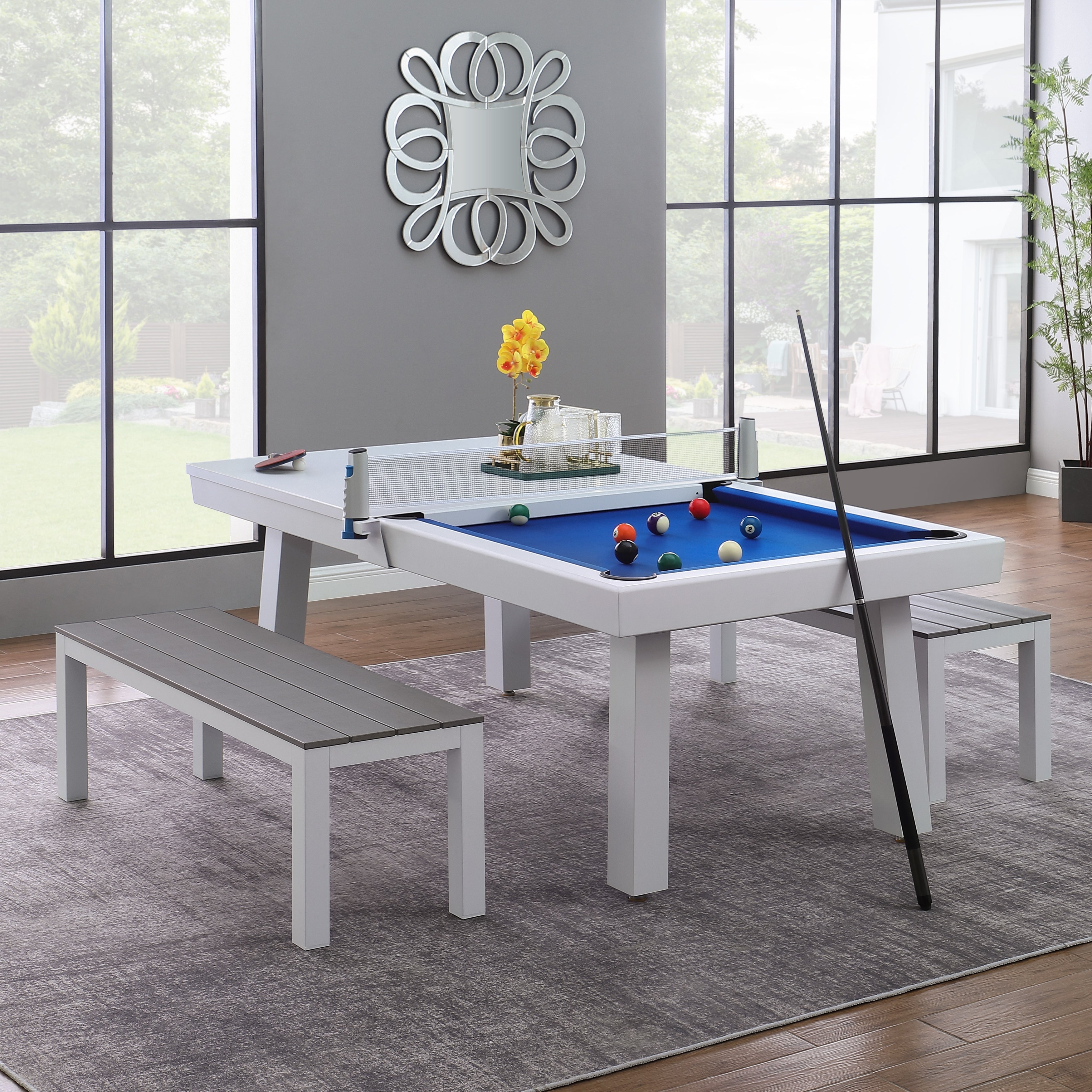 Newport Outdoor 8ft Slate Pool Table Dining Set with 2 Benches Acces