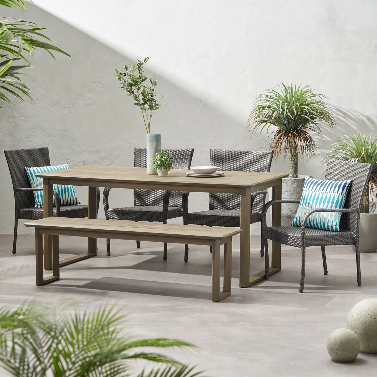 Nibley Outdoor Acacia Wood and Wicker Dining Set by Christopher Knight Home