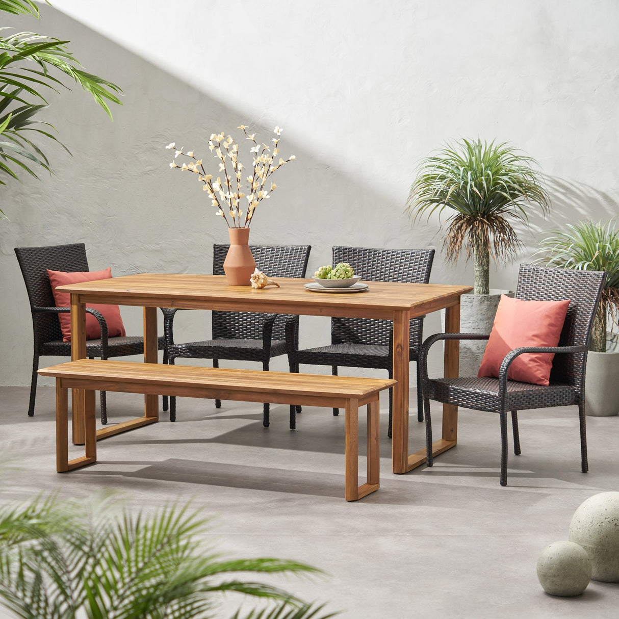 Nibley Outdoor Acacia Wood and Wicker Dining Set by Christopher Knight Home