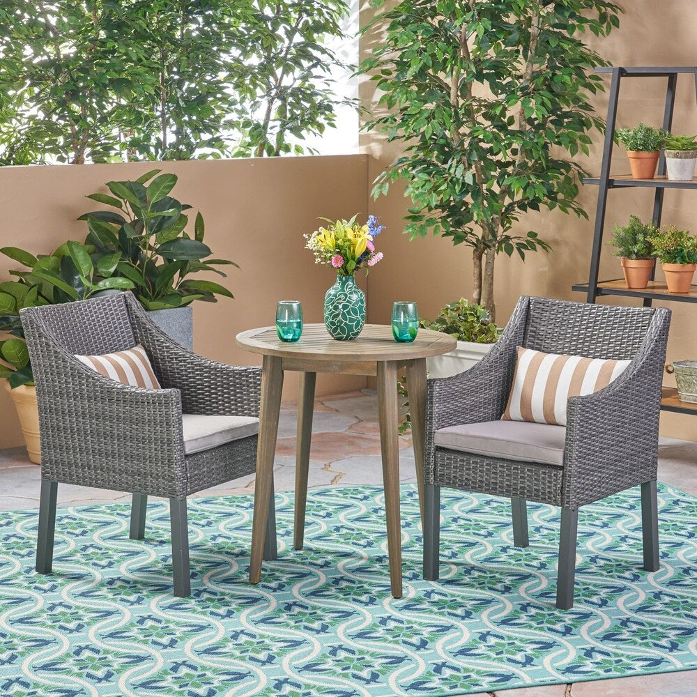 Nicola Outdoor 3 Piece Wood and Wicker Bistro Set by Christopher Knight Home - N/A